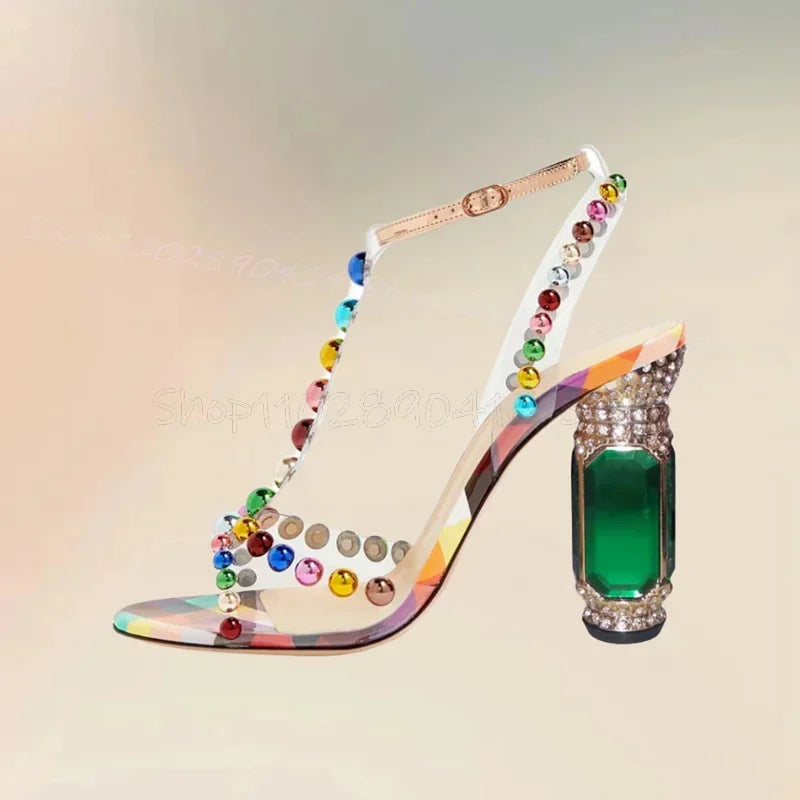 Colorful Beads Design Strange Style Heels Sandals Buckle Strap Women Shoes Open Toe Novel Party Dating 2025 Zapatos Para Mujere