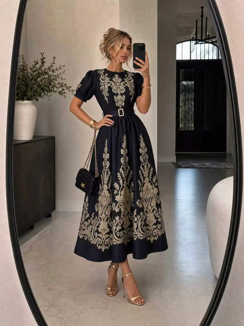 Women Vintage Gold Floral Print Maxi Dress Short Puff Sleeve Belted Elegant Party Long Dress