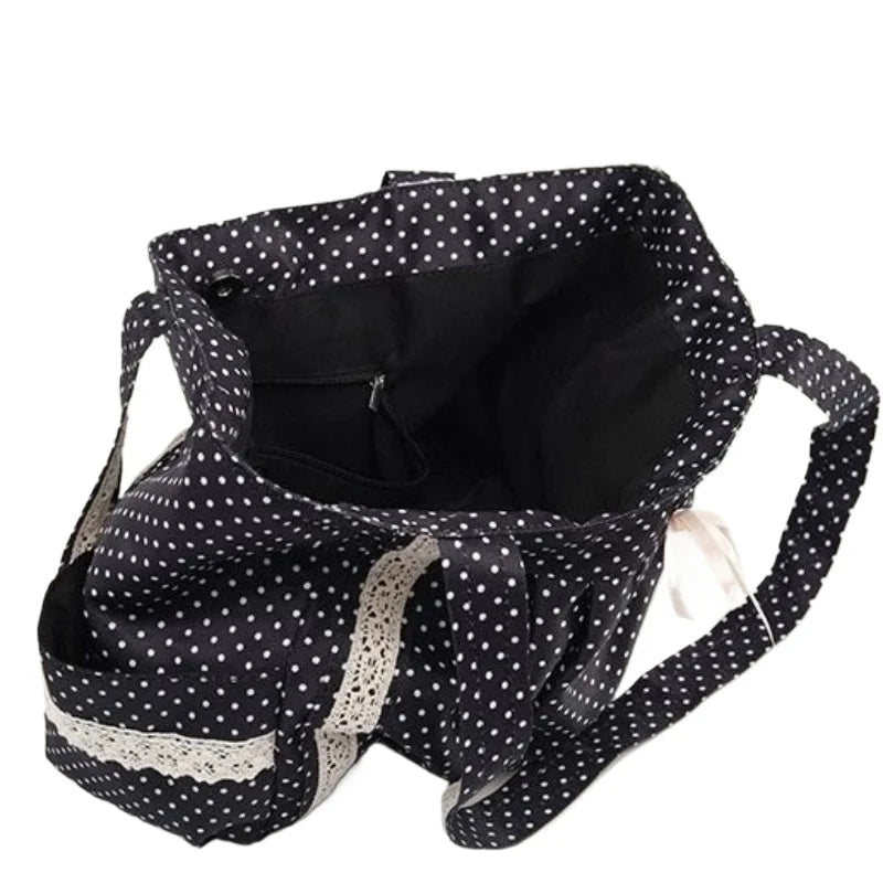 Women Niche Sweet Lace Shoulder Bag Korean Style Vintage Polka Dot Canvas Handbag Large Capacity Multi Pocket Commuting Tote Bag