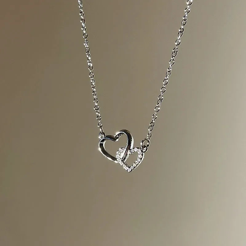 Charm Fashion Silver Color Stainless Steel Double Hearts Zircon Necklace for Women Exquisite Fashion Bride Collar Jewelry Gift