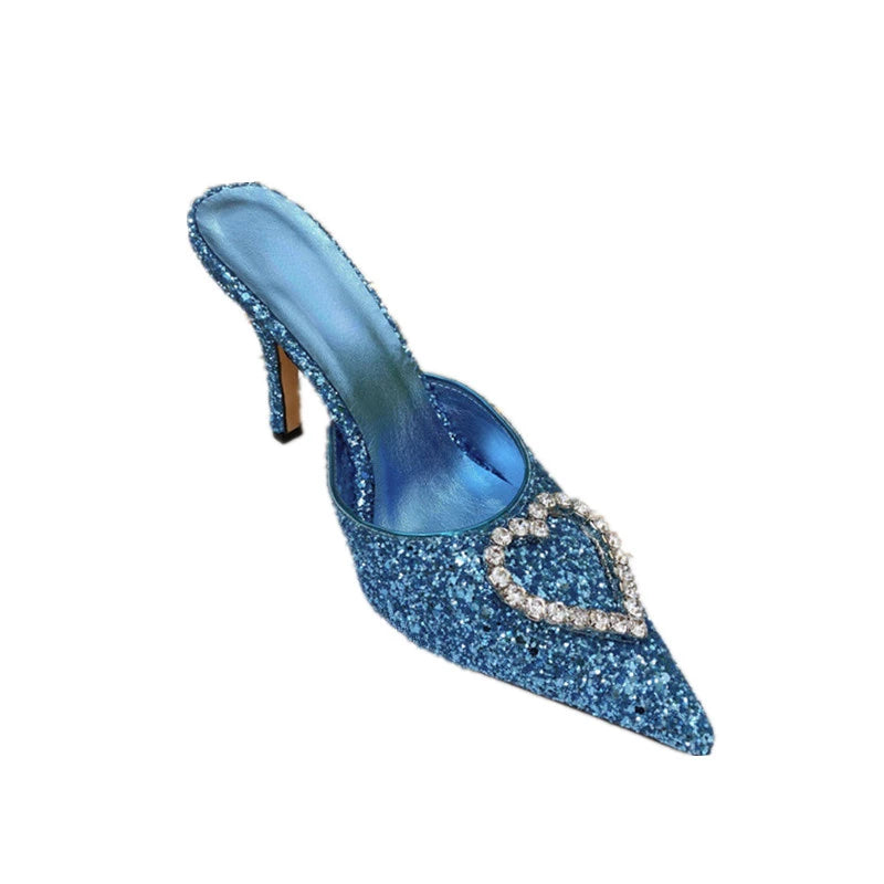 2023 New Shallow Mouth High-heeled Women's Shoes Love Rhinestone Shining Thin Heel Slippers Pointed Women's Single Shoes