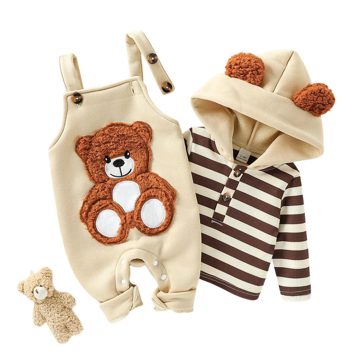 Baby Boy's Clothing Sets Fashionable Long Sleeve Striped Hooded Sweatshirt Embroidered Bear Overalls 2Pcs Outfits Cute Clothes
