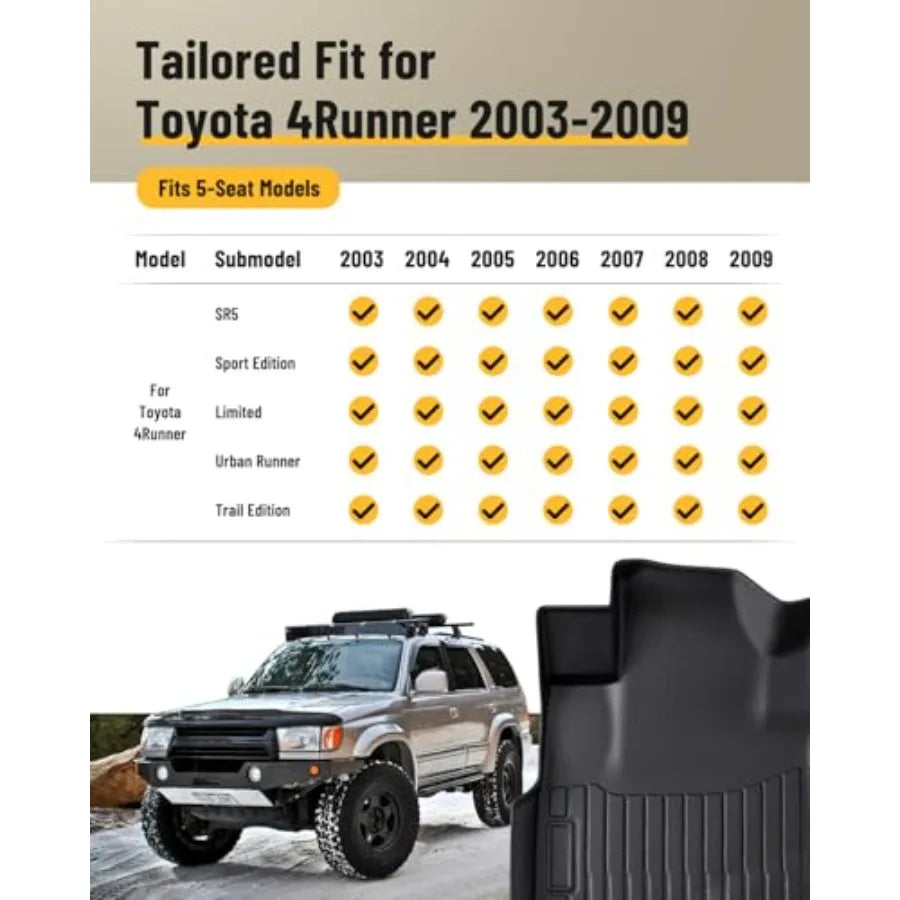 Car Floor Mats for Toyota 4Runner: 2003-2009 4th Gen Cargo Trunk Liner, All Weather Accessories Rubber Carpet Custom Fit for To