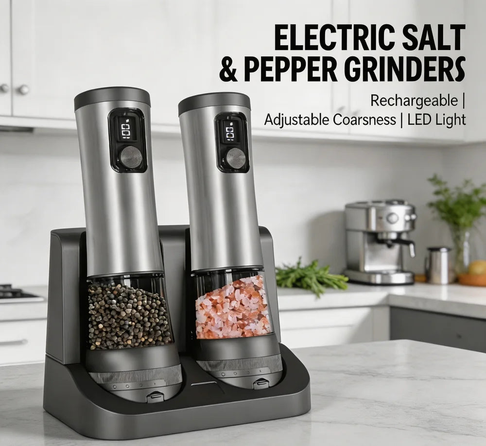 Electric Automatic Pepper Grinder Set Rechargeable Base LED Display Adjustable Coarseness Kitchen Tool for Spices Tools
