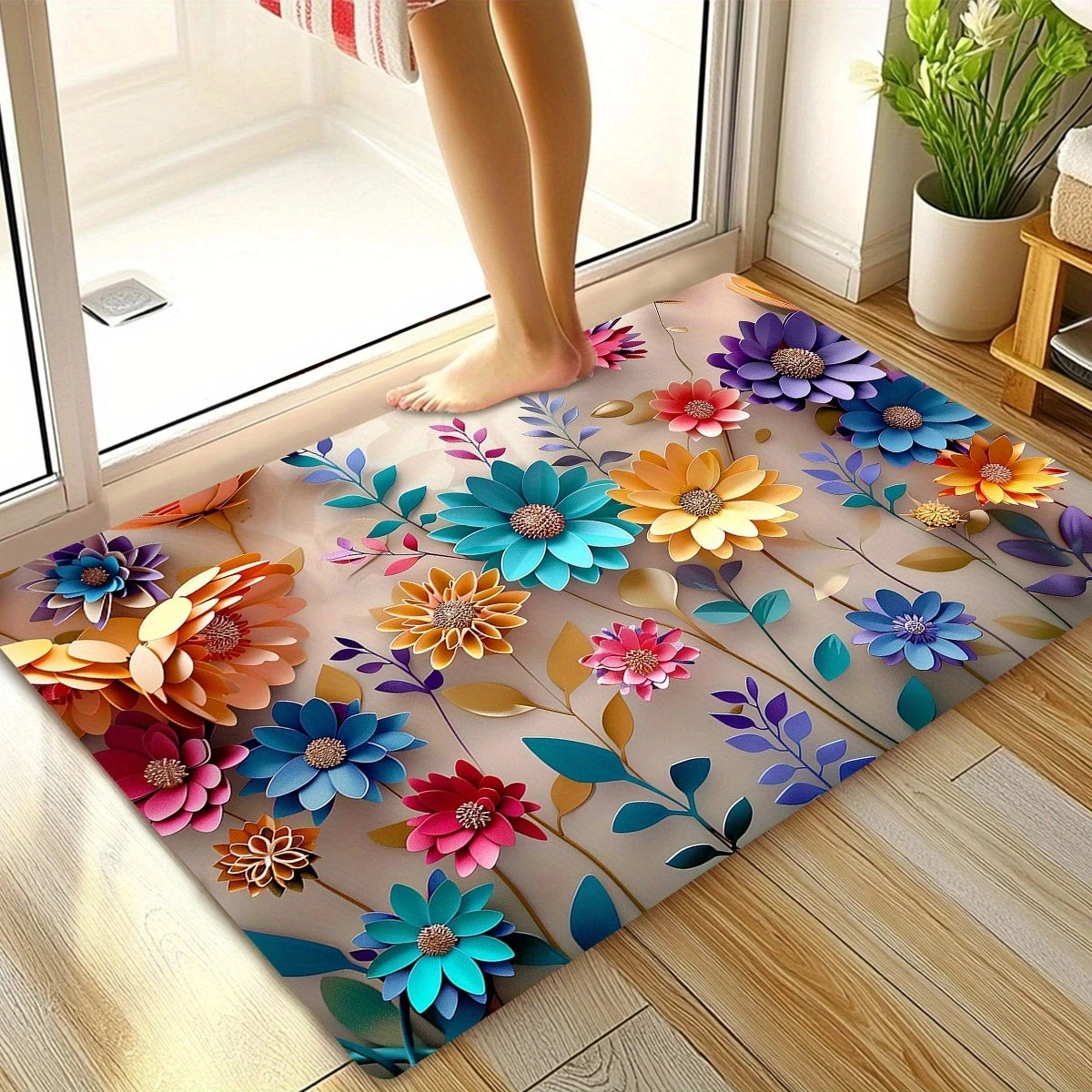 1pc multi-color floral print design bathroom mat, anti-slip, super absorbent and quick-drying shower floor mat, dry and soft ant