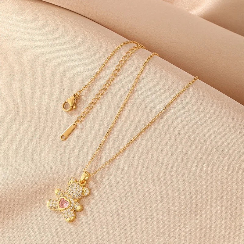 High end Cute Teddy Bear Pendant for Women, Delicate and Shiny Animal Necklace, Korean Popular Jewelry Gift for Girlfriends