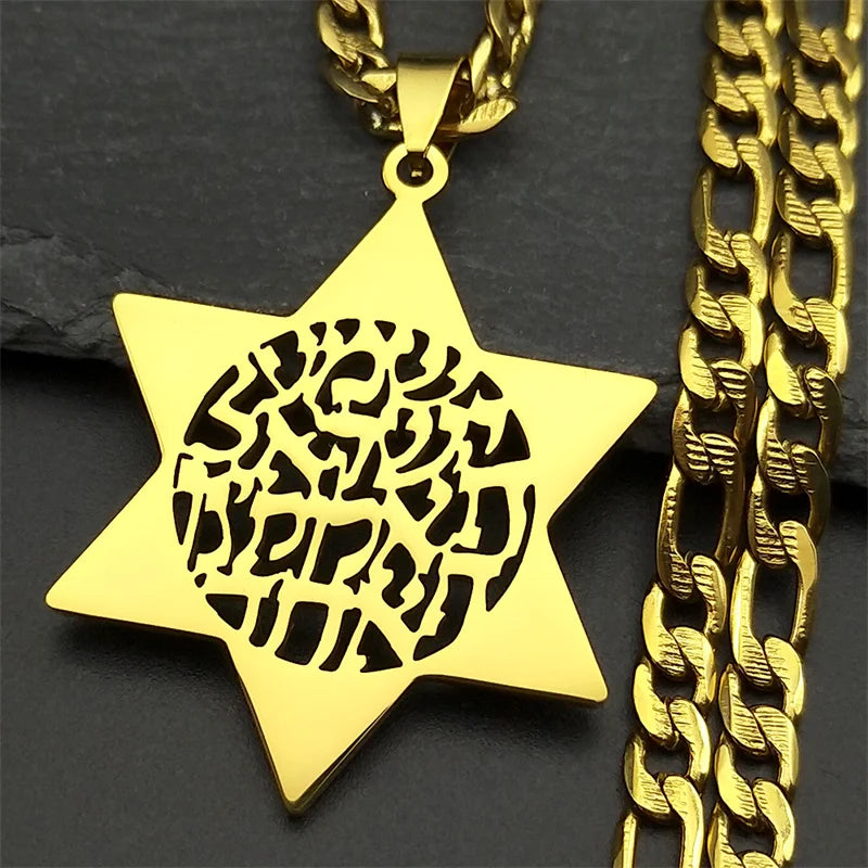 Hebrew Star of David Pendant Necklace for Women Men Stainless Steel Gold Color Jewish Bless Hip Hop Chain Amulet Jewelry Gift