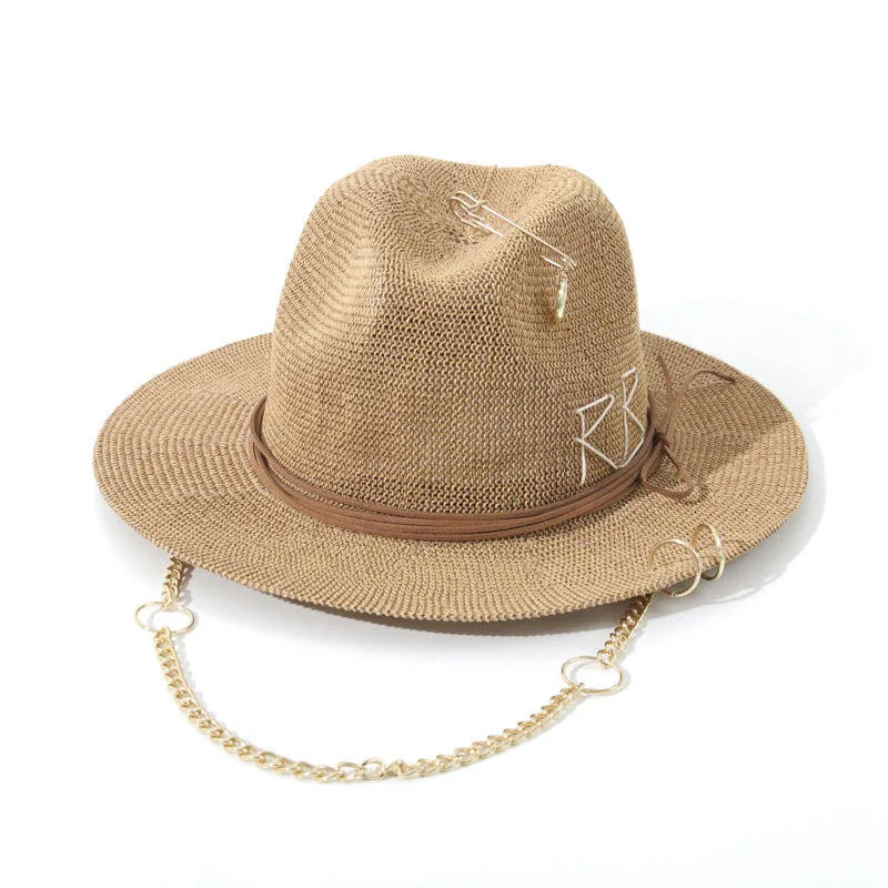 New Fashionable Metal  Letter Straw Hats for Women Men Summer Outdoor Holidays Beach Sun Hat Panama Hat