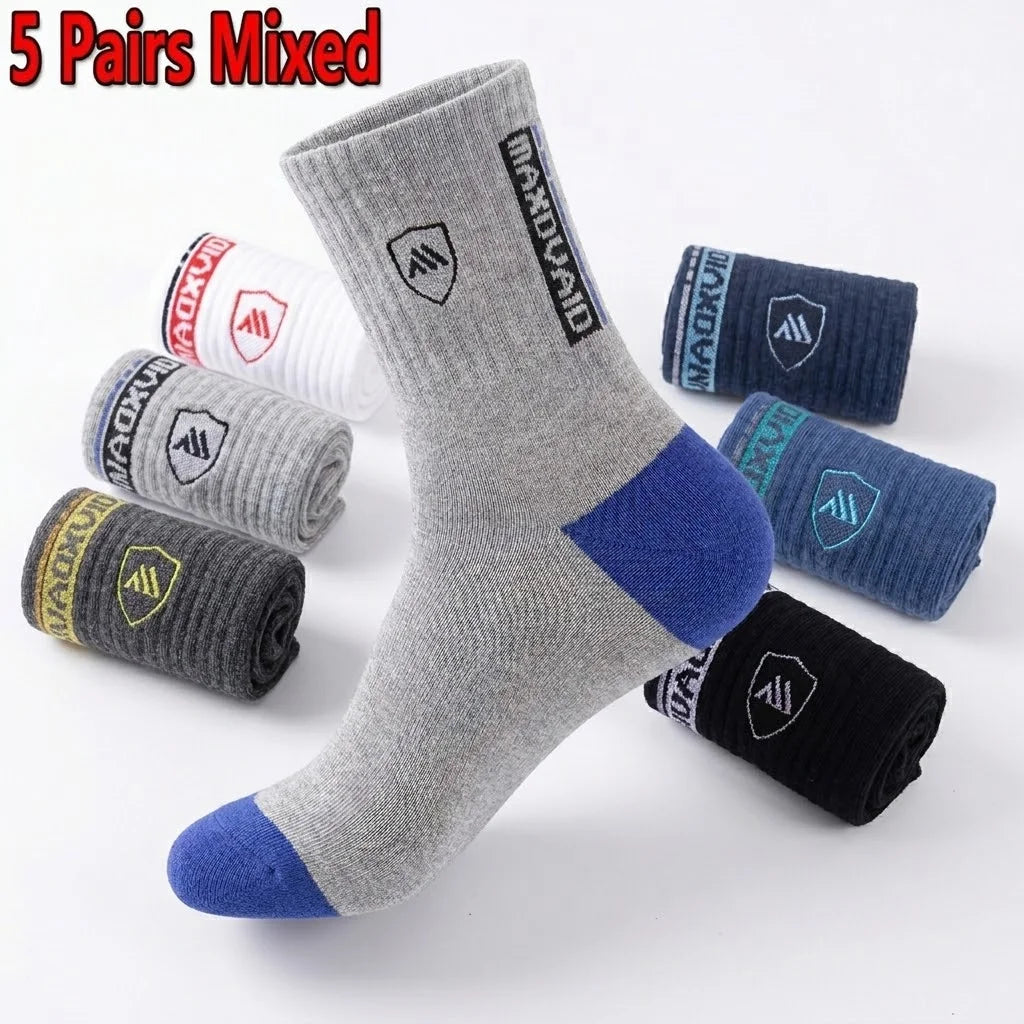 5 Pairs Men's Mid-Calf Socks Cotton Breathable Warm Sports Socks Autumn Winter Sweat-Absorbing Long Casual Trendy Style