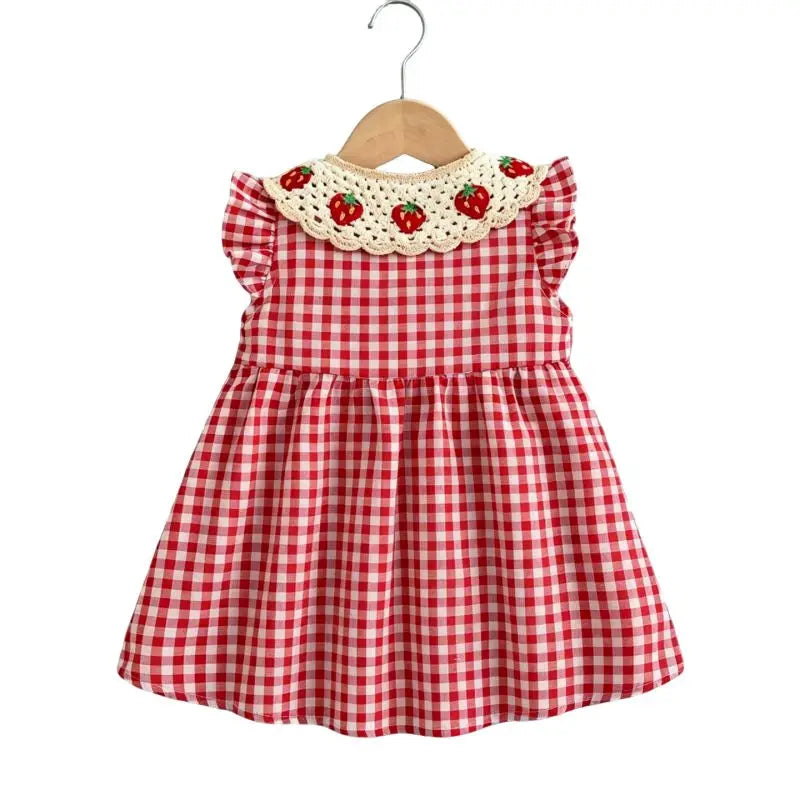 Baby Girl Dress Summer Red Checkered Cotton Girl Dress Cute Strawberry Lapel Girl Beach Dress
