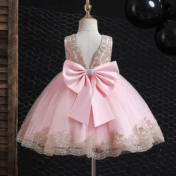 Girl's Dress 2025 New Girl's Embroidered Bow Princess Dress Fashion Open Back Mesh Dress Banquet Performance Evening Dress