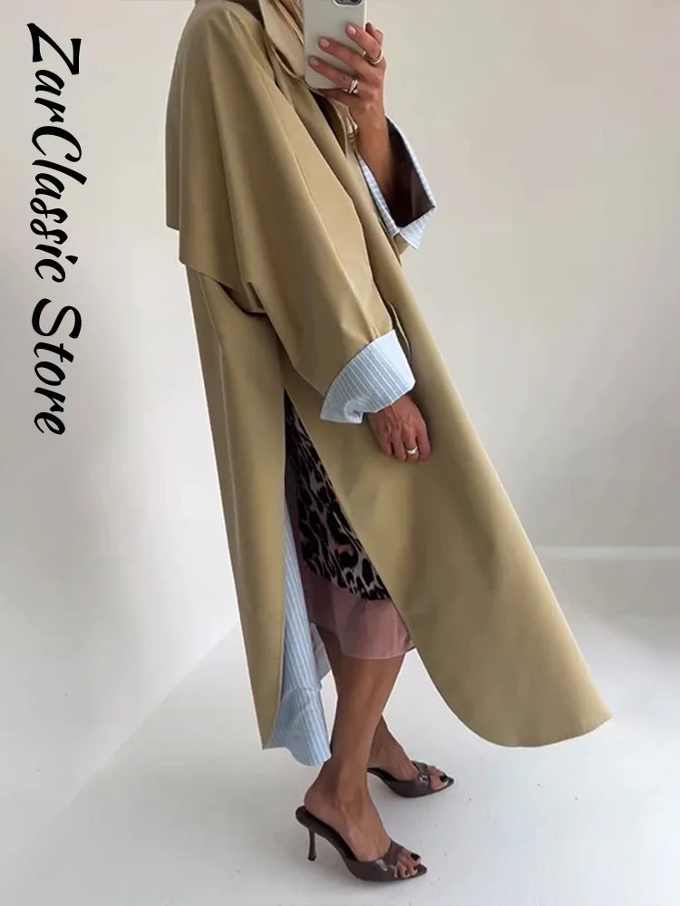 Elegant Khaki Women's Trench Coat Autumn High Neck Full Sleeve Loose Split Long Windbreaker Lady New Casual Chic Jacket 2026