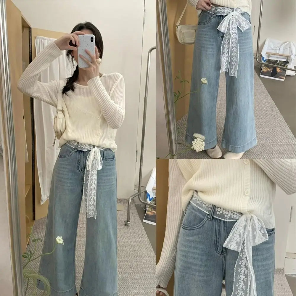 Unique Y2k Long Lace Waistband Bow Thin Lace Waist Belt Tie Up Floral Dress Jeans Belt Summer