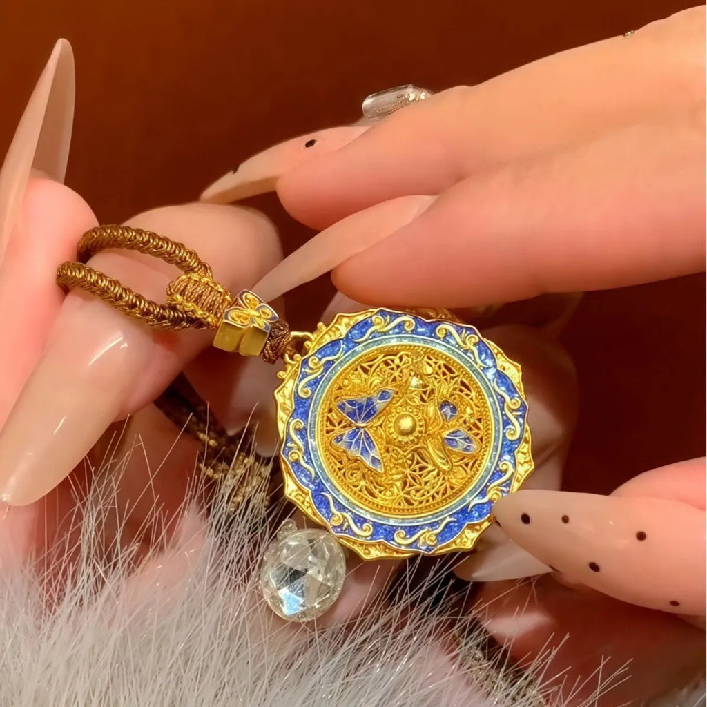 Luxury 9999 24K Solid gold certifid butterfly gold wire carved enamel diamond butterfly necklace women's gold clavicle chain