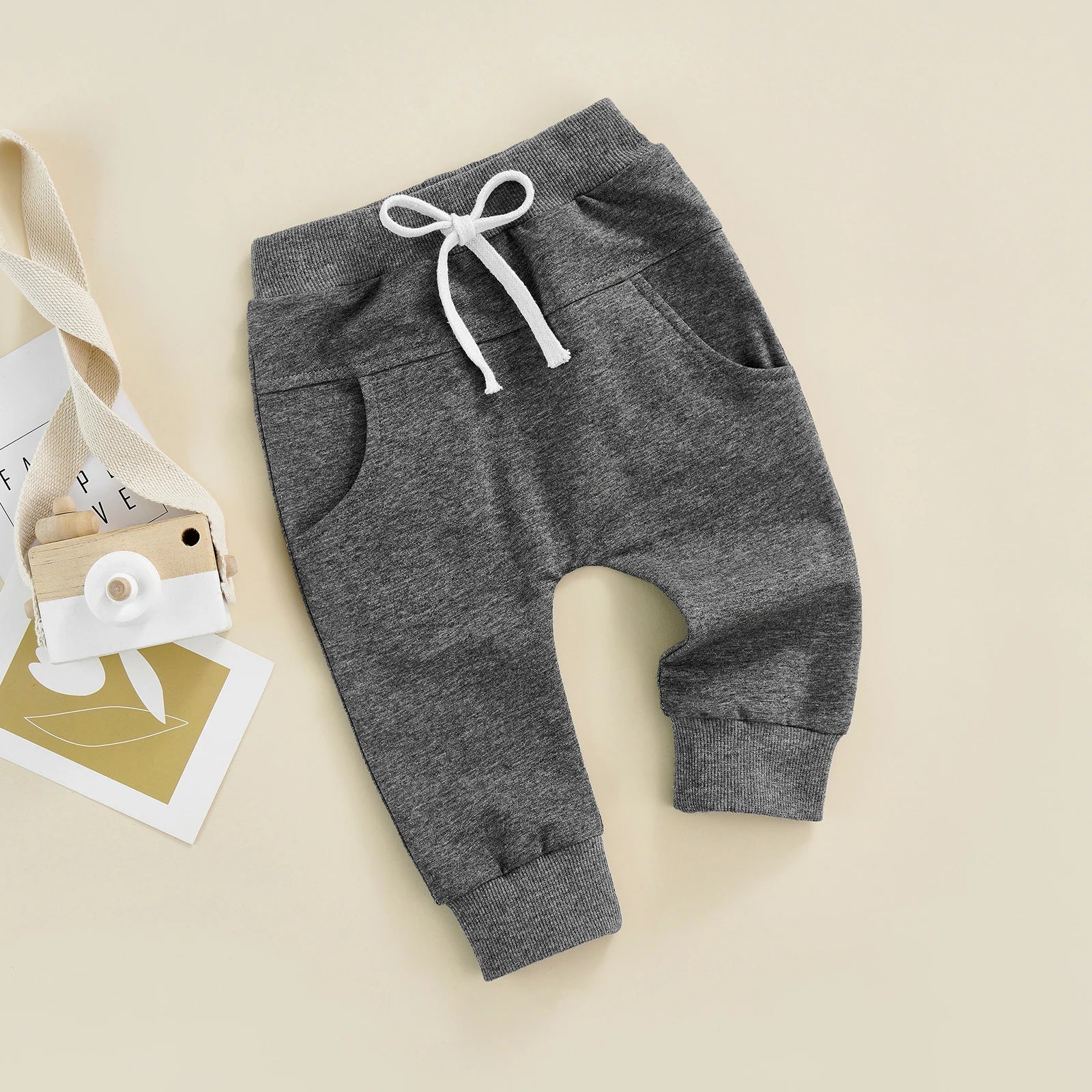 Newborn Baby Boys Girls Trousers, Elastic Waist Adjustable Drawstring Plain Leisure Style Loose Fit Long Pants 0-3T