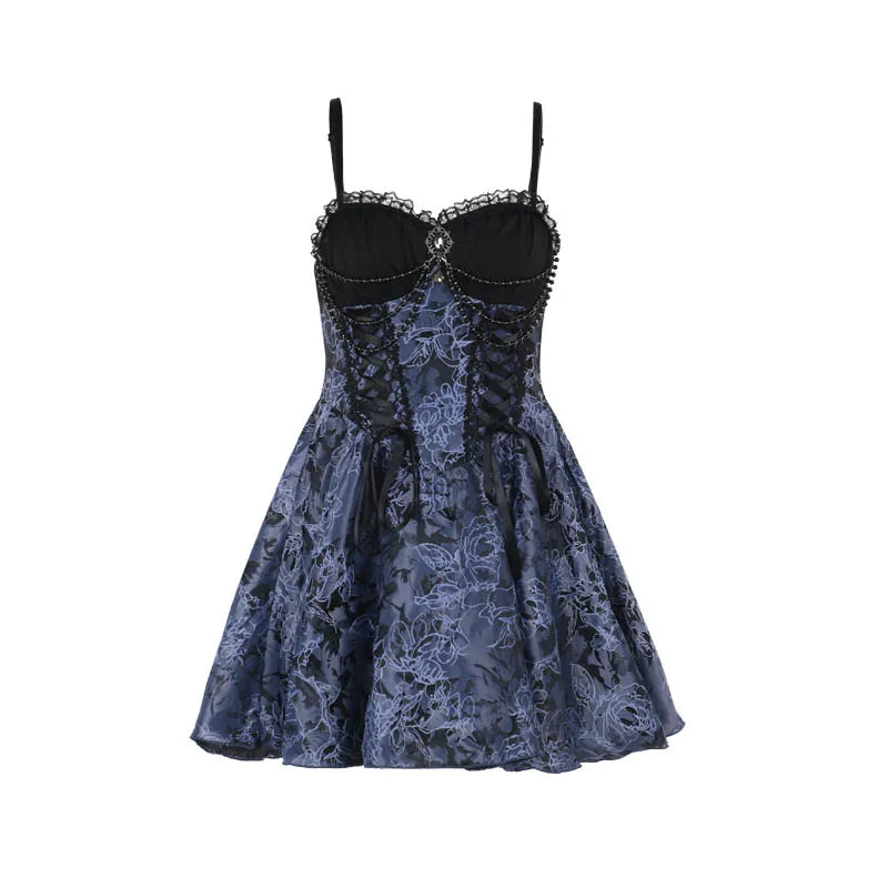Vintage Elegant Lace Trim A-Line Mini Dresses Y2K Goth Floral Lace-up Short Dress Short Sleeve Smock Women Autumn New Fashion