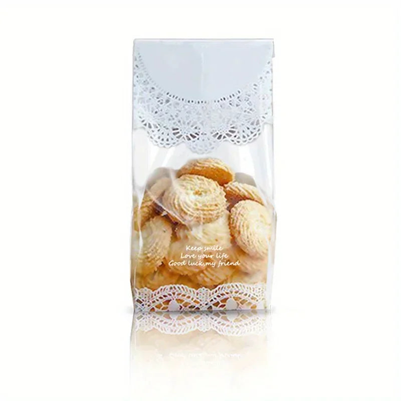 50pcs/lot White Lace Cookie Biscuit Bag Wedding Gift Candy Cupcake Hand Made DIY Christmas Plastic Packaging Bags