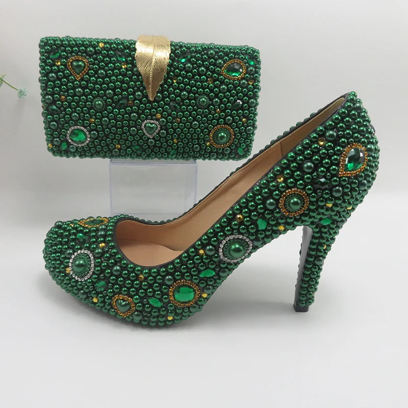 Fashion New Arrival Green Pearl Bridal Shoes and Bag Set Woman Party Dress Shoes Big Size Ankle Strap Buckle Shoes High Pumps