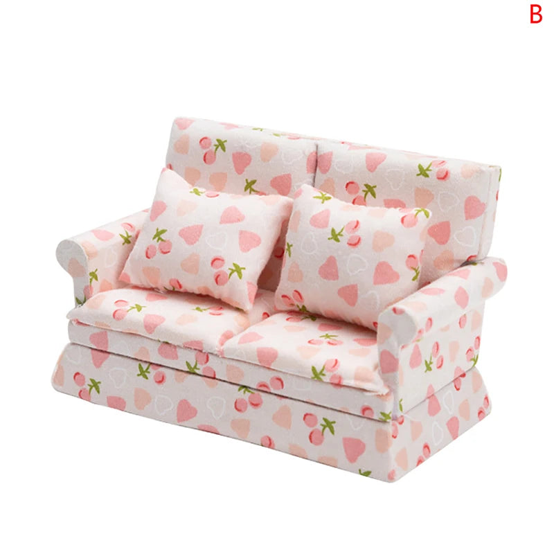 Mini Dollhouse Furniture Sofa with Pillow Set Simulation 1:12 Miniature Living Room Kids Pretend Play DIY Doll House Decor