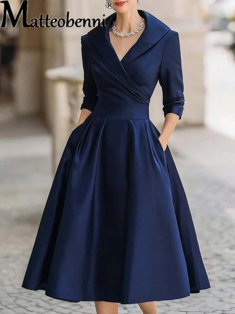 2025 Female Elegant Fashion Long Sleeve Temperament Slim Dress Spring Autumn Solid Casual Long Dress Lady Office A-line Dresses