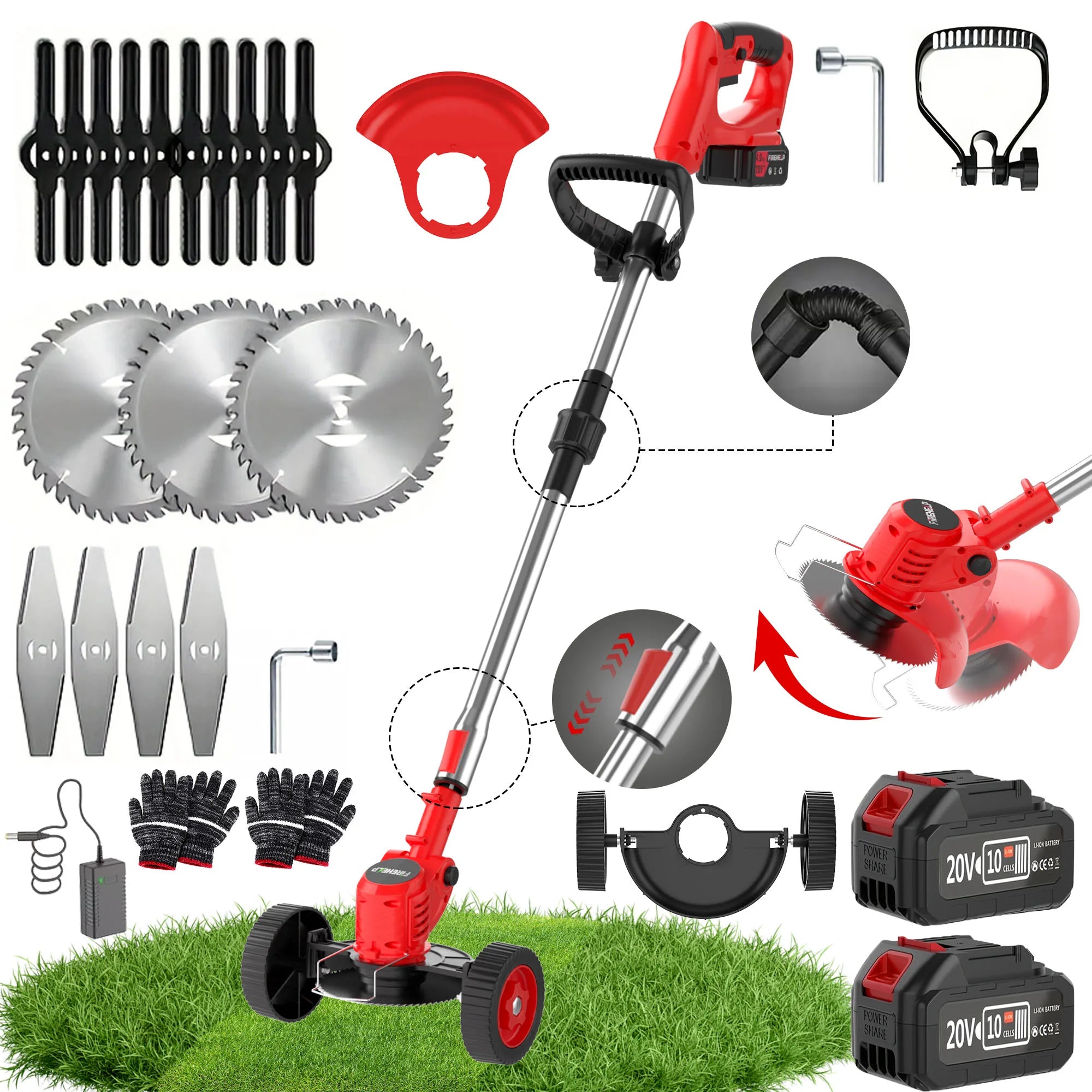 3-in-1 Cordless Weed Trimmer & Lawn Mower - Electric Trimmer, Edger, Bush Cutter with Adjustable Height