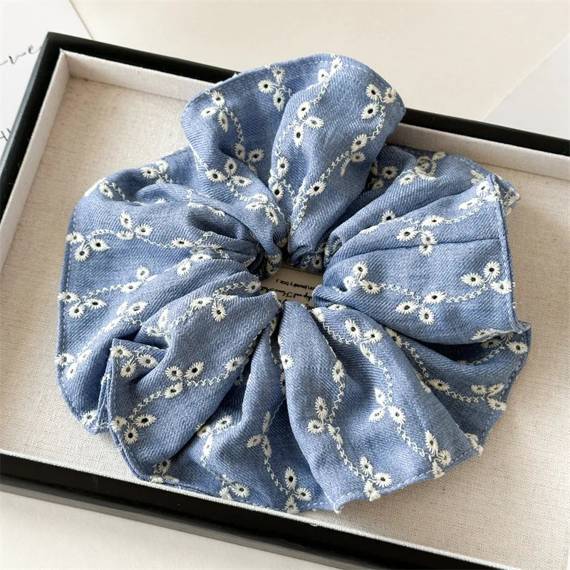 Brand Designs Japan Fashion Large Size Hair Scrunches Hollow Out Denim Scrunchies Big Hair Chouchou Ponytail Hairties