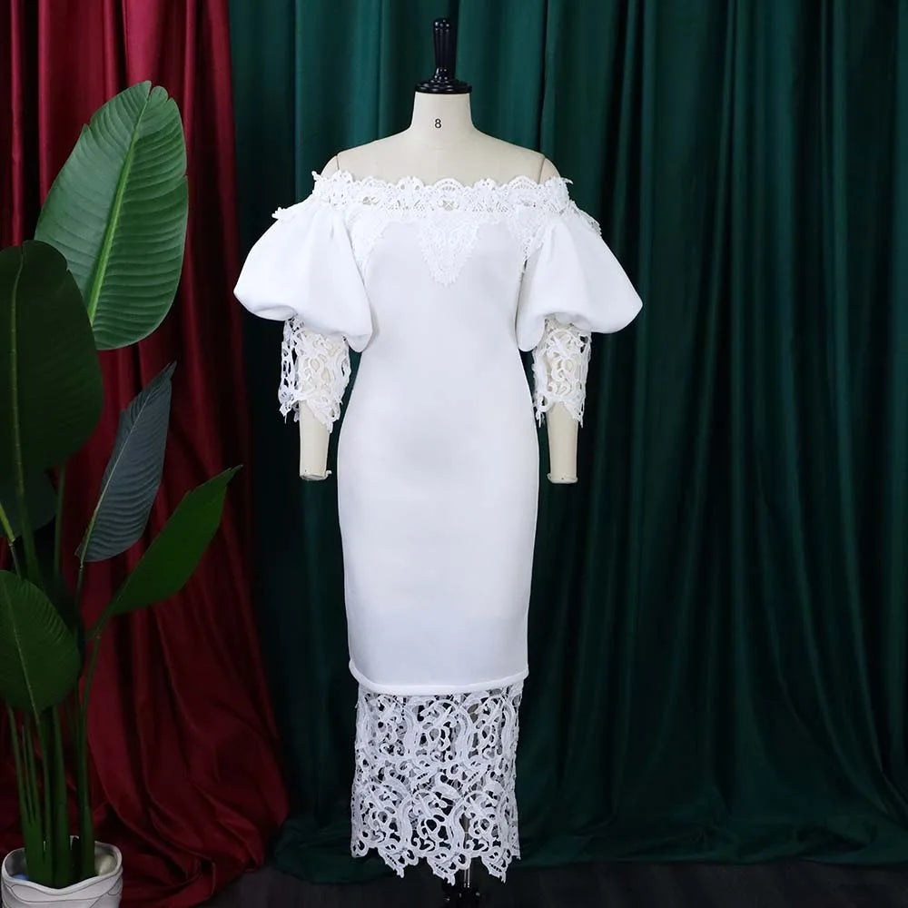 Dashiki African Women Gown Hollow Out Party Dress Sexy Long Sleeve Round Neck Ladies Elegant Solid Pullover High Waist 2024