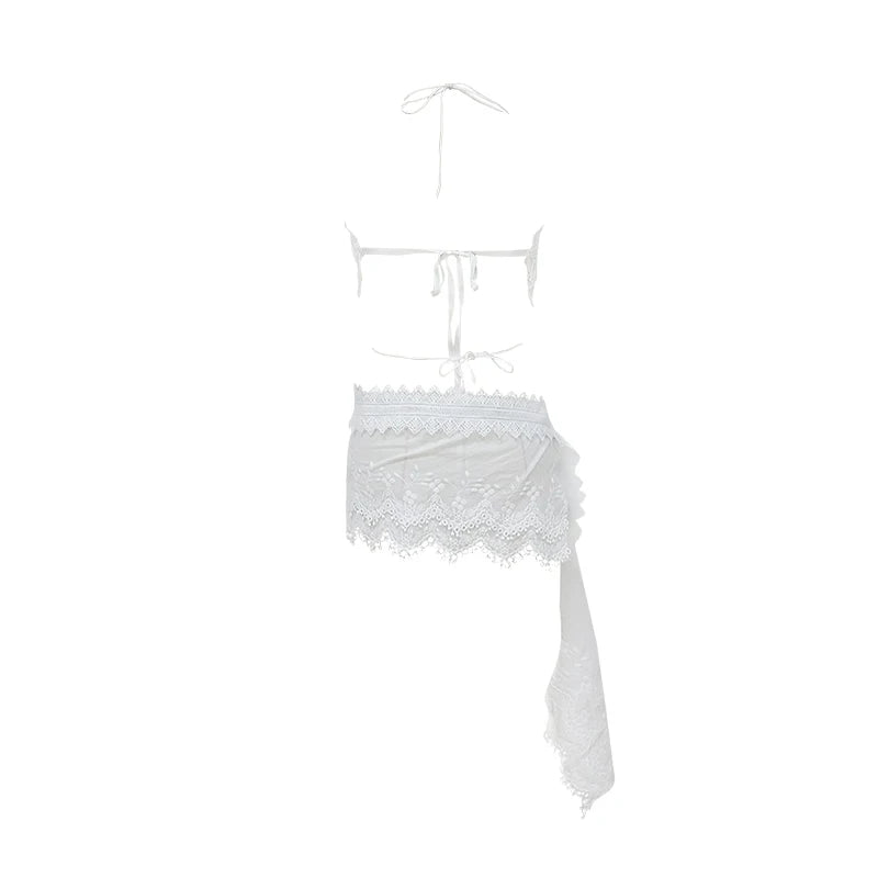 Women Openwork Short Lace Stylish Ruffled mini Dress Halter Neck See-Through Floral Lace Suitable Vacation Nightclub Wear