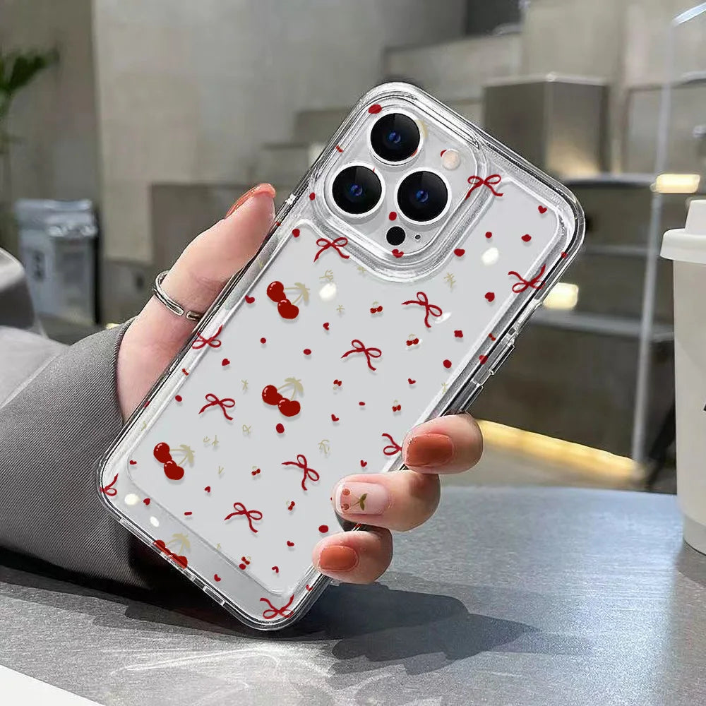 Transparent Cherry Painted Phone Case For iPhone 17 Pro Max  18 16 13 11 15 14 Plus 12 Air 16E Silicone Shockproof Funda Cover