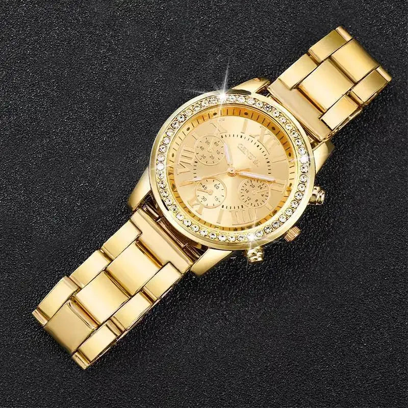 6PCS/Set Fashion Rhinestone Women Watches Ladies Roma Dial Quartz Wristwatches Jewelry Set Reloj Mujer（Without Box）