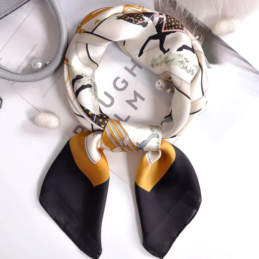 Luxury Apricot Print 70*70cm Silk Square Scarf Women Soft Satin Hairband Neckerchief Tie Female Headband Foulard Bag Ribbon Gift