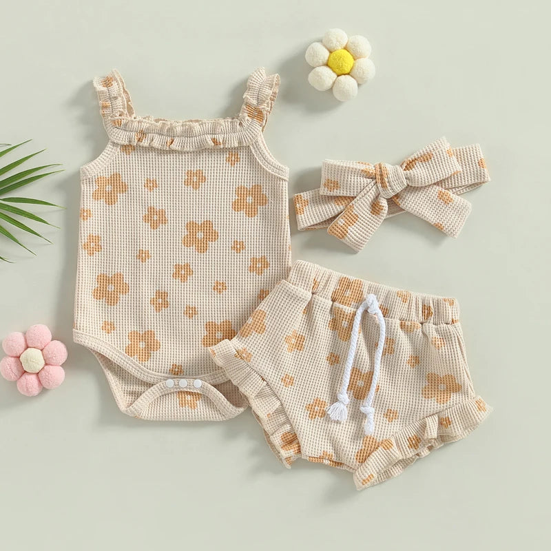 0-18Months Baby Girls 3Pcs Summer Outfits Floral Sleeveless Strap Romper + Shorts + Headband Set