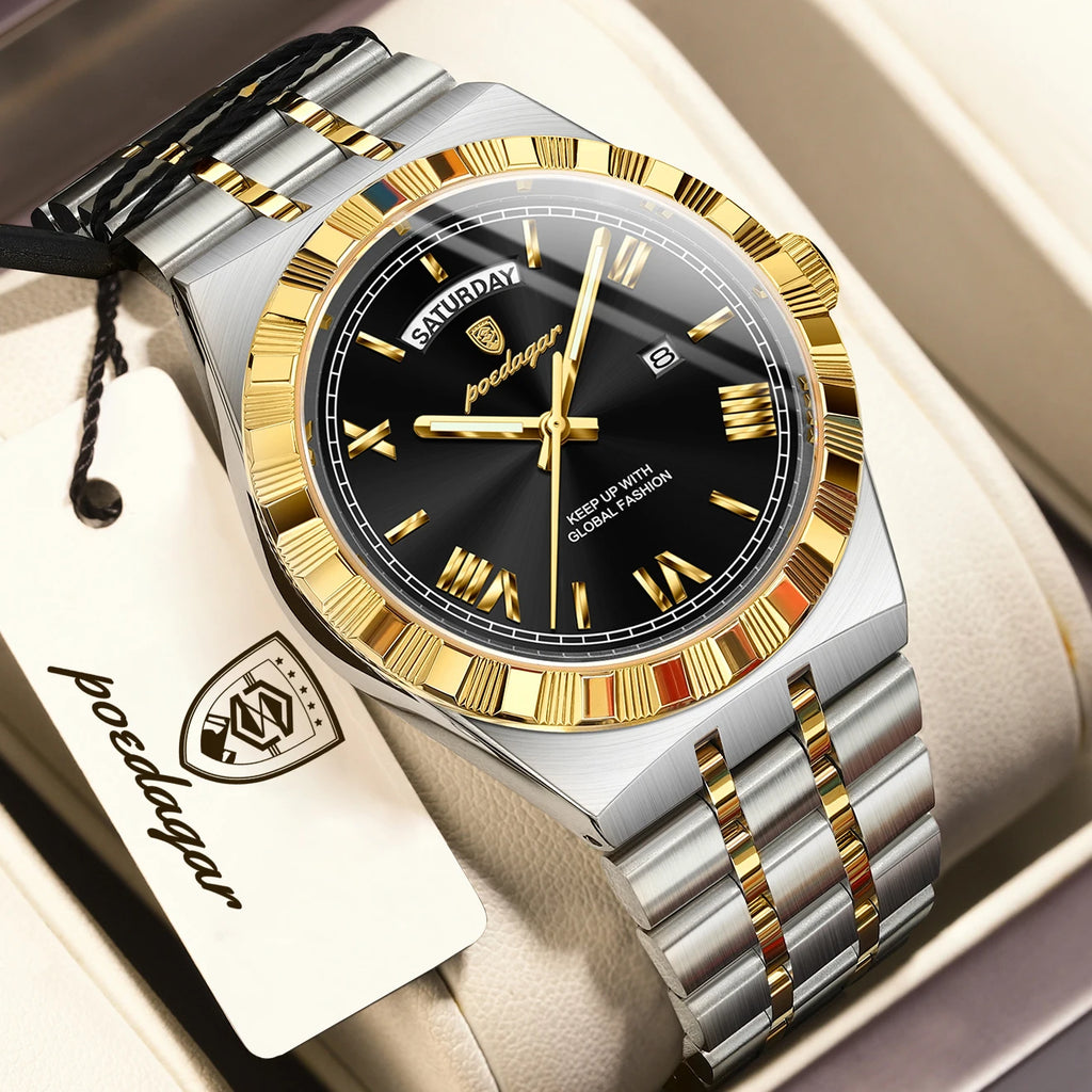 POEDAGAR Fashion Business Men's Watch Luminous Waterproof Week Date Luxury Man Wristwatch Stainless Steel Quartz Watches For Men