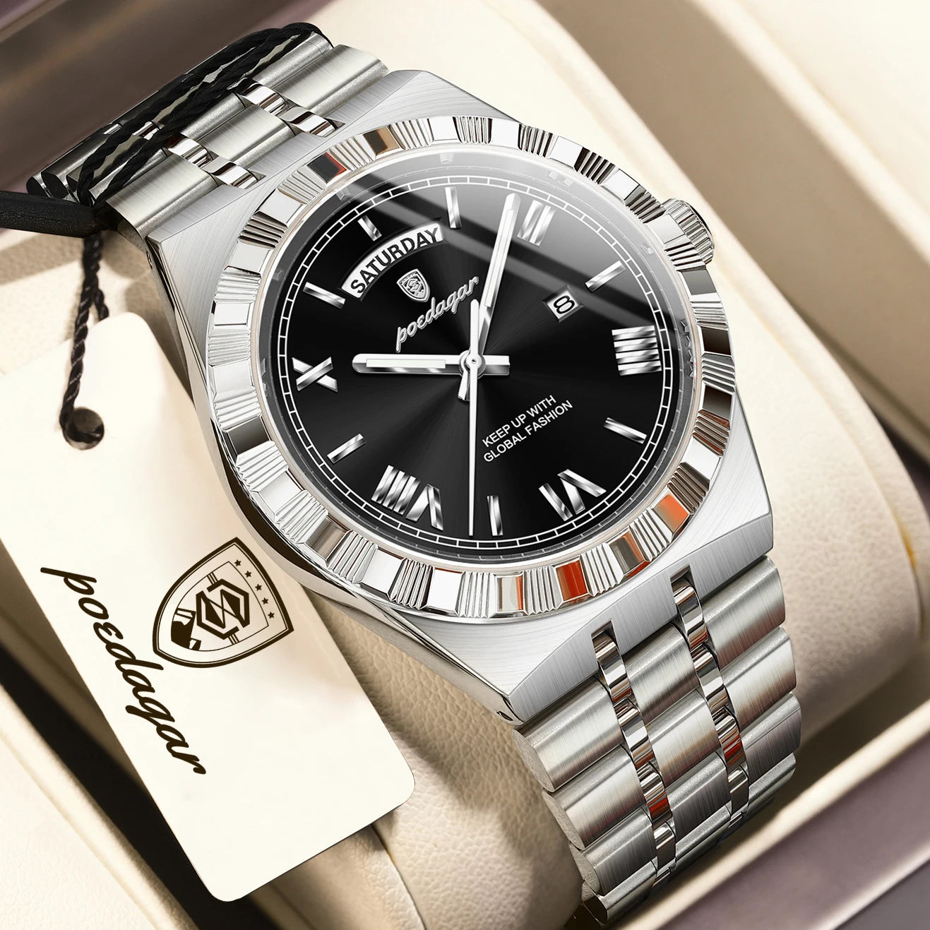 POEDAGAR Fashion Business Men's Watch Luminous Waterproof Week Date Luxury Man Wristwatch Stainless Steel Quartz Watches For Men