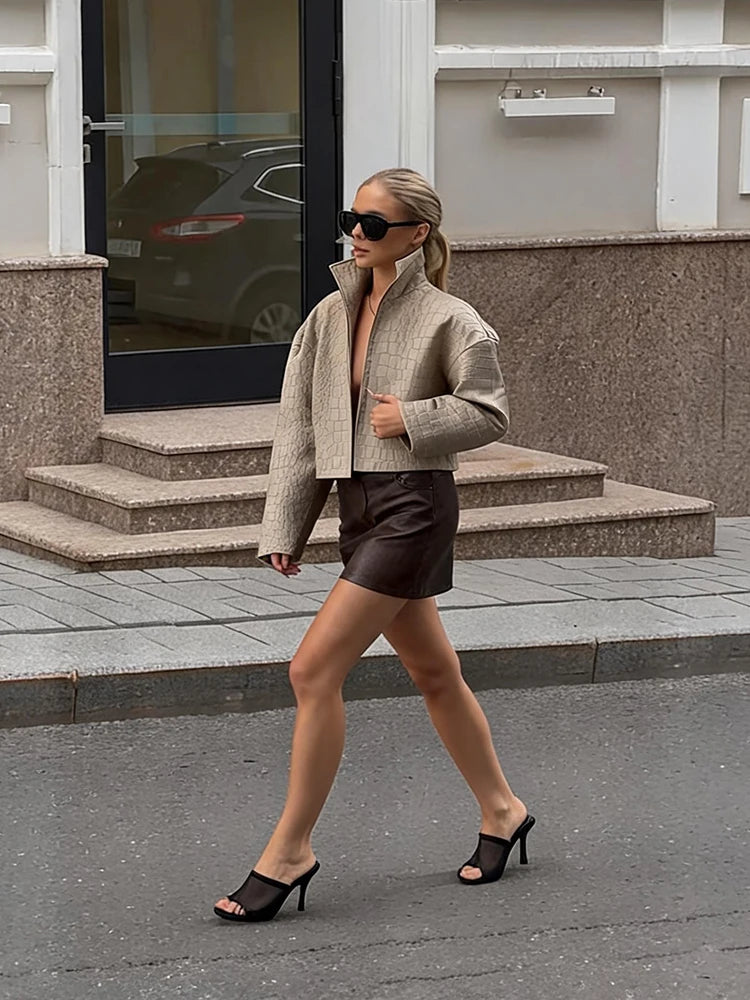 Street Grain Leather Jackets Women High Neck Long Sleeves Loose Pu Coats Female 2026 Autumn New Chic Fashion Solid Chic Outwears