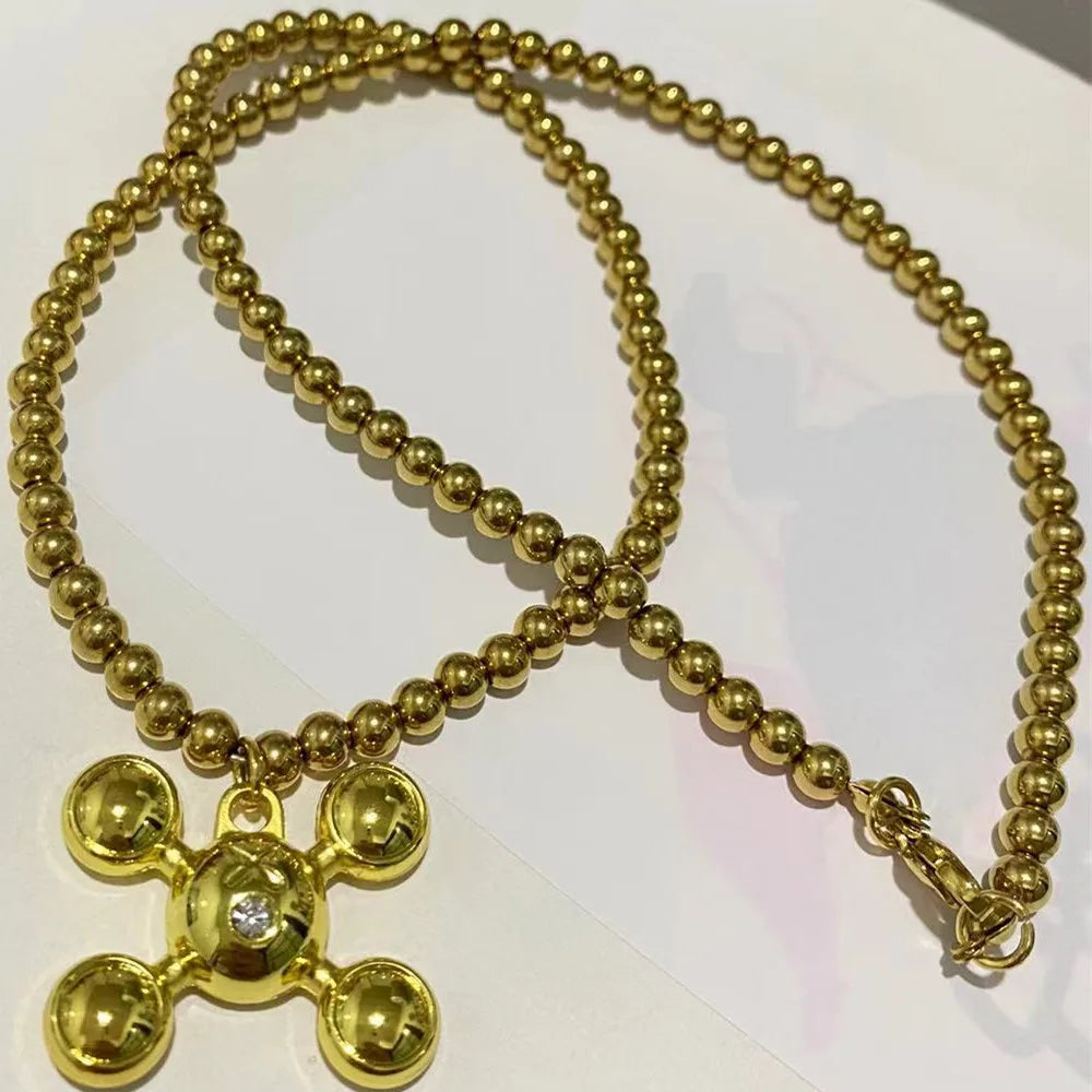 Fashion Stainless Steel Round Bead Chain Quadangle Ball Pendant  For Men Women Personality Niche Design Sense Necklace Gift