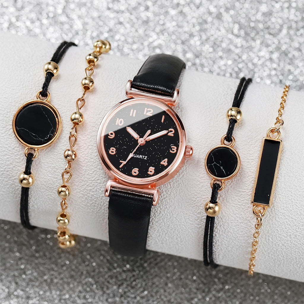 5PCS/Set Women's Watch Fashion Starry Sky Dial Leather Band Quartz Watches Turquoise Bracelets Set