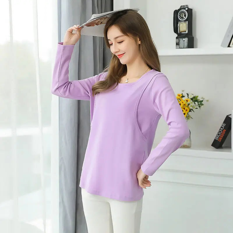 2025 Autumn Long Sleeve O-neck Postpartum Women Nursing T-shirt Maternity Breastfeeding Top Pregnancy Lactation Tees 7 Colors