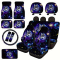 Complete Set of Galaxy Wolf Head Design for Car Interiors, Including Seat Covers, Floor Mats, Steering Wheel Cover, And Armrest