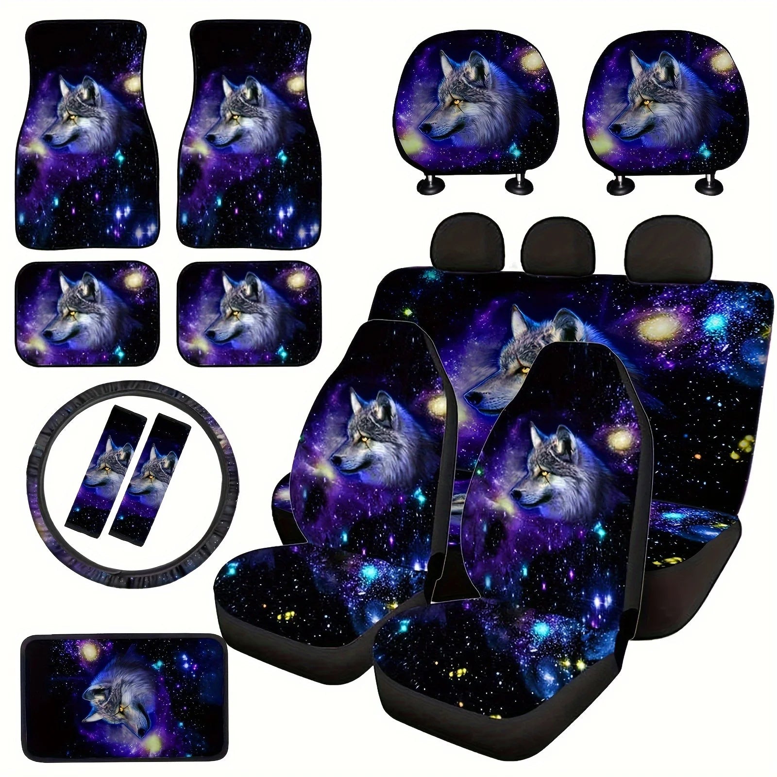 Complete Set of Galaxy Wolf Head Design for Car Interiors, Including Seat Covers, Floor Mats, Steering Wheel Cover, And Armrest