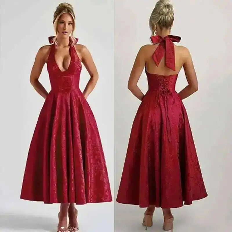 Giyu Club Evening Party Dresses Women 2025 Summer Sexy Bow Halter Long Dress Elegant Jacquard Lace Up Backless Birthday Robe
