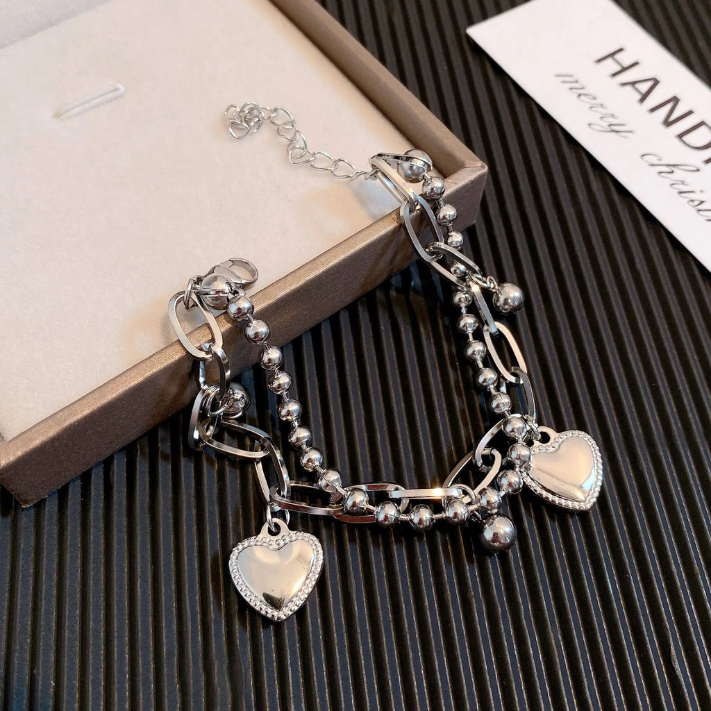 Ins Double-layers Korean Heart Tassel Bracelets for Women Sliver Love Thick Chain Beaded Bangle Hiphop Bracelet Jewelry Gift