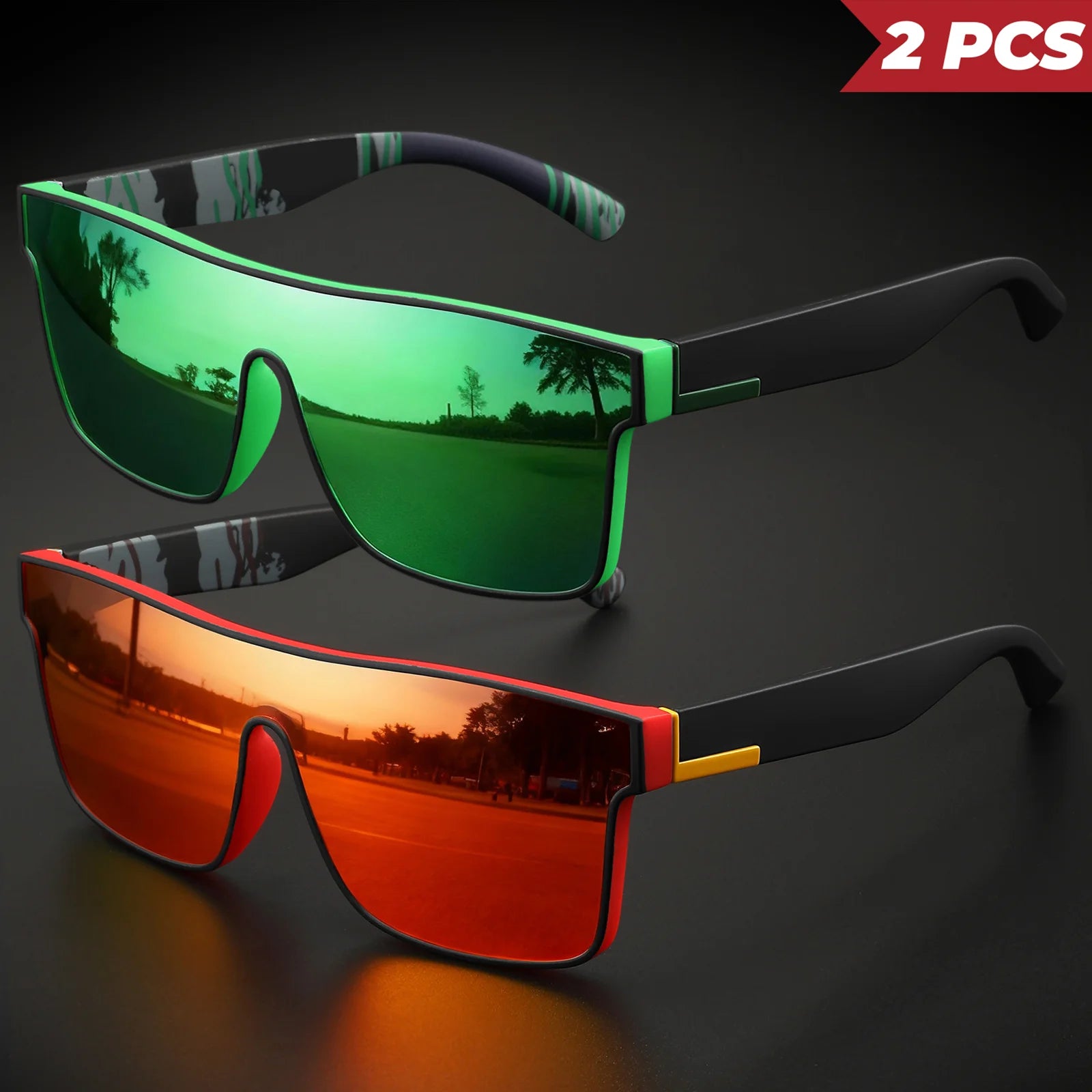 2PCS Classic Colorful Sports Sunglasses - One-Piece Lens, UV400 Unisex for Outdoor, Travel & Daily