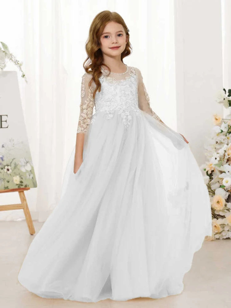 Lace Floral Appliques Flower Girl Dress 3/4 Sleeve Girls Pageant Tulle Ball Gown
