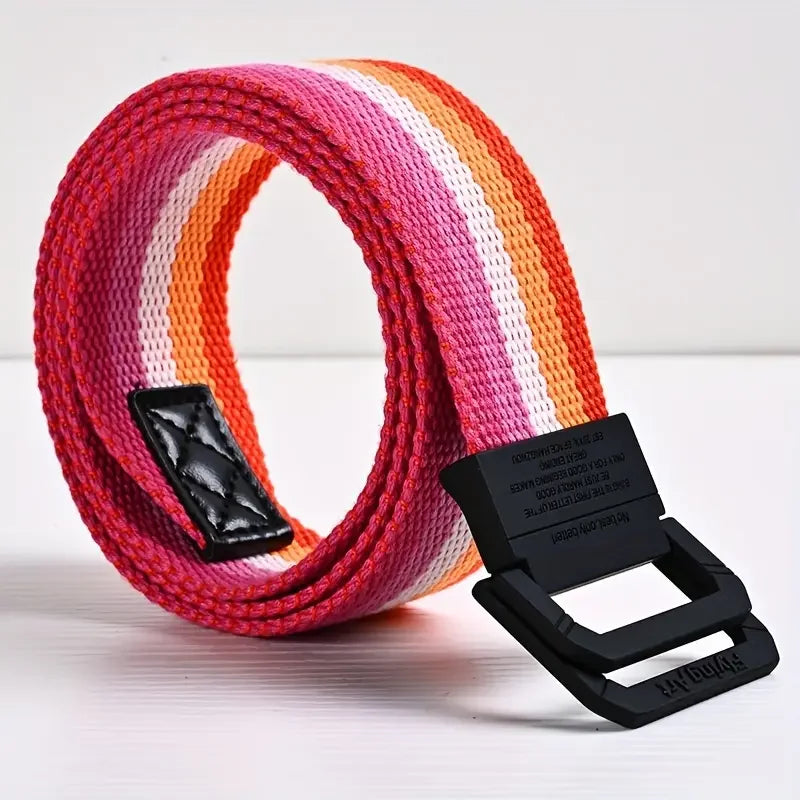 Seven Color Double Ring Buckle Rainbow Canvas Belt For Women Men, Casual Pants Belt