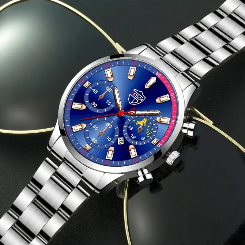 DEYROS Luxury Men Silver Quartz Wristwatch Male Stainless Steel For Men Business Fashion Round Calendar Watch Luminous Clock