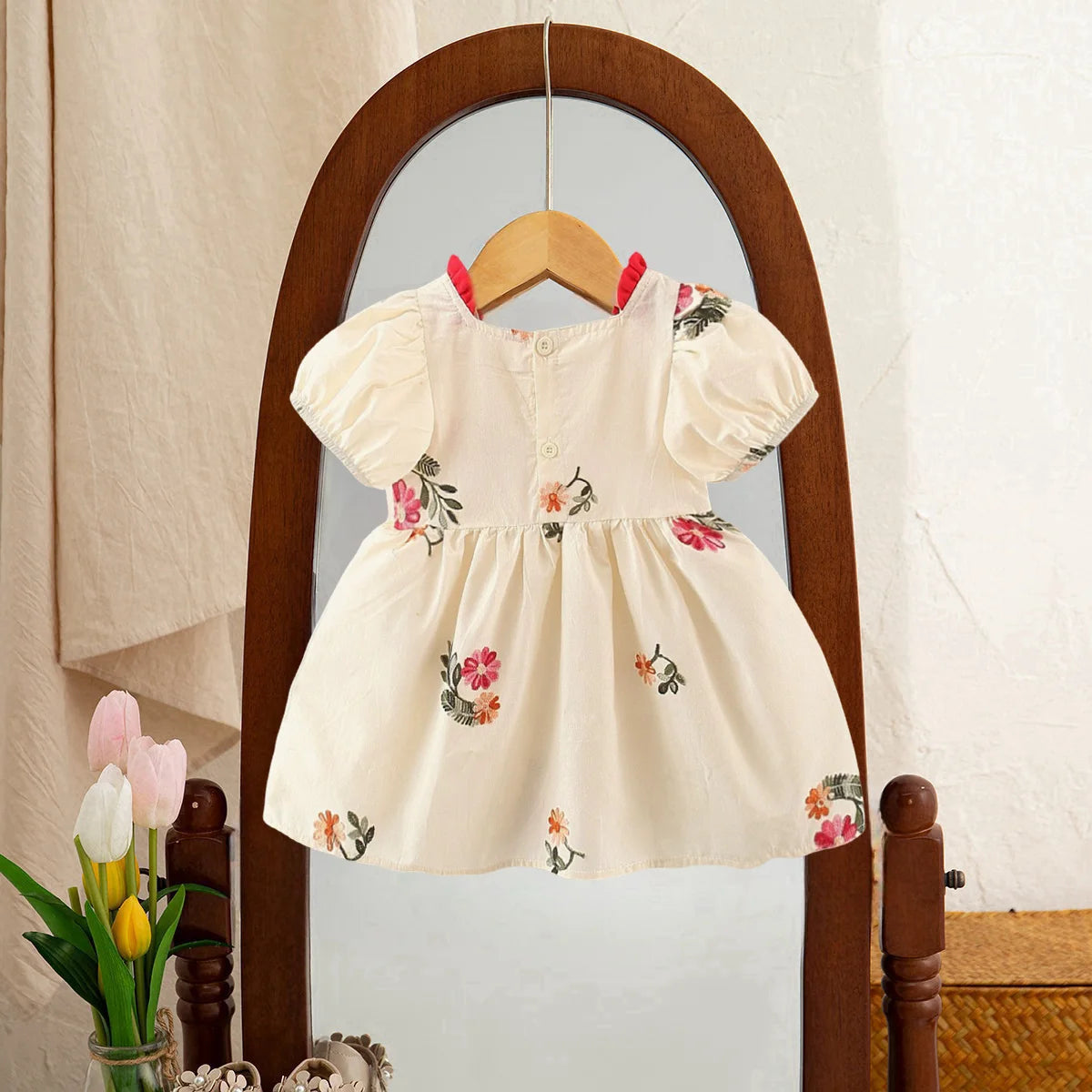Baby Girl Dresses Summer Floral Embroidery Bubble Sleeve Girls Dresses Cute Girls Princess Dresses Baby Clothes Girl
