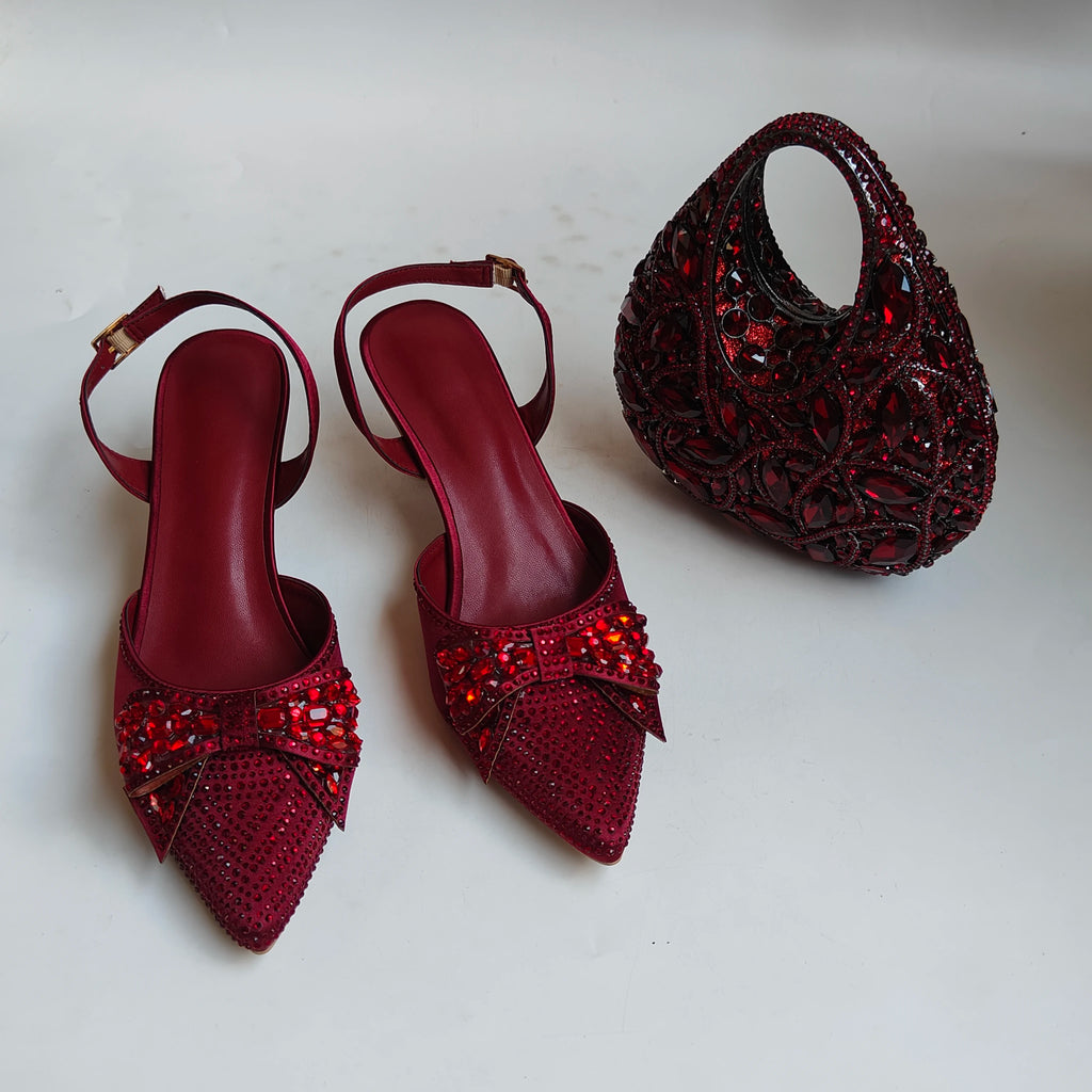 Insightlink New Orange Bow Crystal Slingback Heels Matching Grid Rhinestone Clutch Set Women Bridal Wedding Formal Party Kit