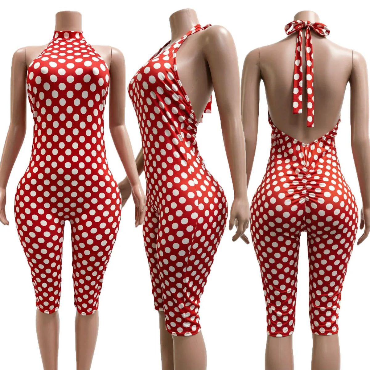 FLARORA Sexy Polka Dot Print Jumpsuit Woman Trend Halter Bandage Backless Sleeveless Peach Hip Skinny Elasticity Street Overalls