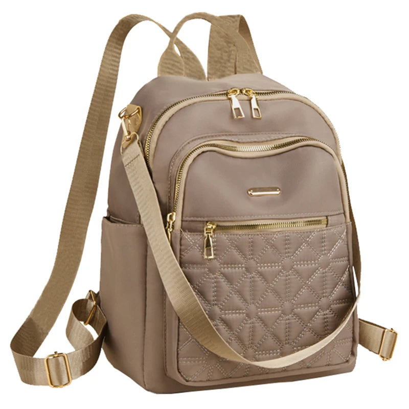Elegant Quilted Nylon Women Backpack Gold Hardware Rucksack Multi‑slot Shoulder Bag For Casual Shopping Travel Activities